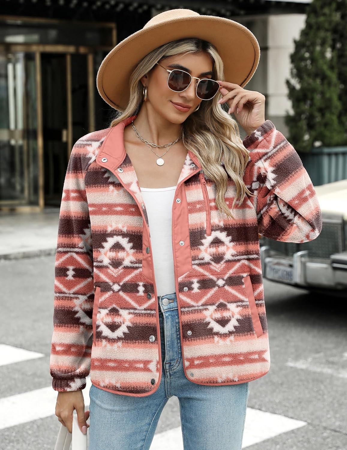 imageZeagoo Womens Cozy Fleece Jacket Western Aztec Print Snap Button Down Coat with Pockets Casual Warm Outwear 2026Pink