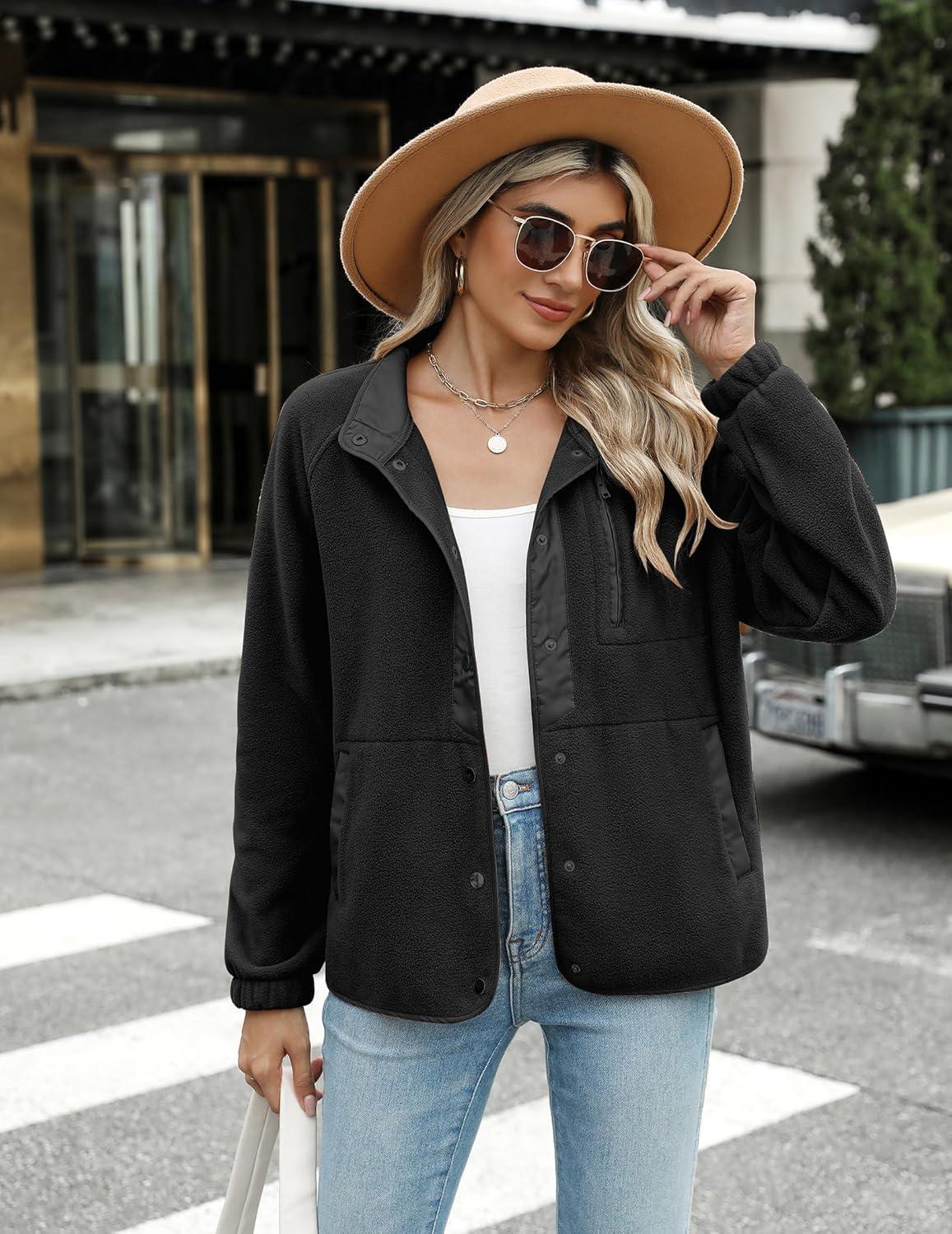 imageZeagoo Womens Cozy Fleece Jacket Western Aztec Print Snap Button Down Coat with Pockets Casual Warm Outwear 2026Solid Black