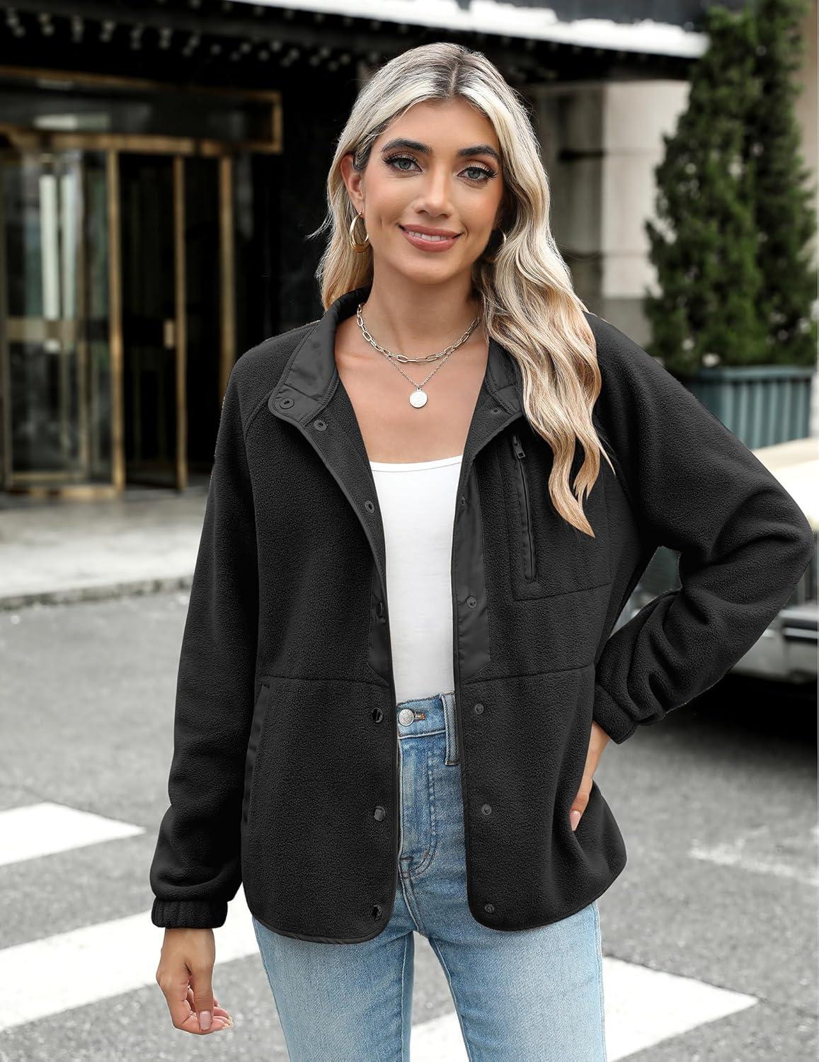 imageZeagoo Womens Cozy Fleece Jacket Western Aztec Print Snap Button Down Coat with Pockets Casual Warm Outwear 2026Solid Black