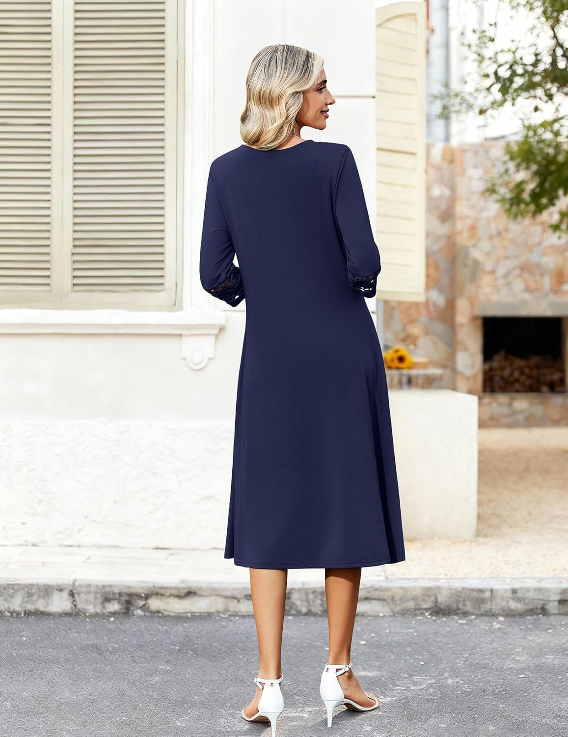 imageZeagoo Womens Dresses 34 Sleeve Summer Casual VNeck A Line Flowy Eyelet Midi Dress for Women Beach Vacation SundressBlue1