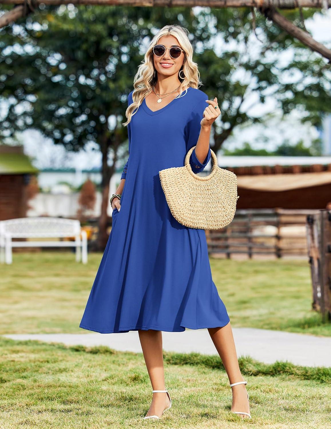 imageZeagoo Womens Dresses 34 Sleeve Summer Casual VNeck A Line Flowy Eyelet Midi Dress for Women Beach Vacation SundressBlue2