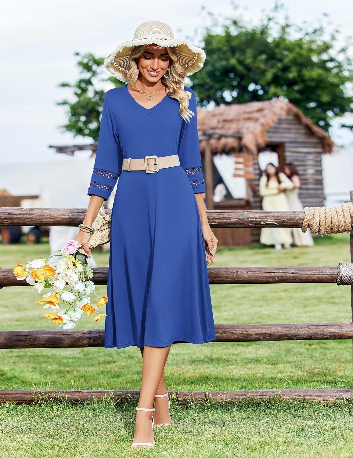 imageZeagoo Womens Dresses 34 Sleeve Summer Casual VNeck A Line Flowy Eyelet Midi Dress for Women Beach Vacation SundressBlue2