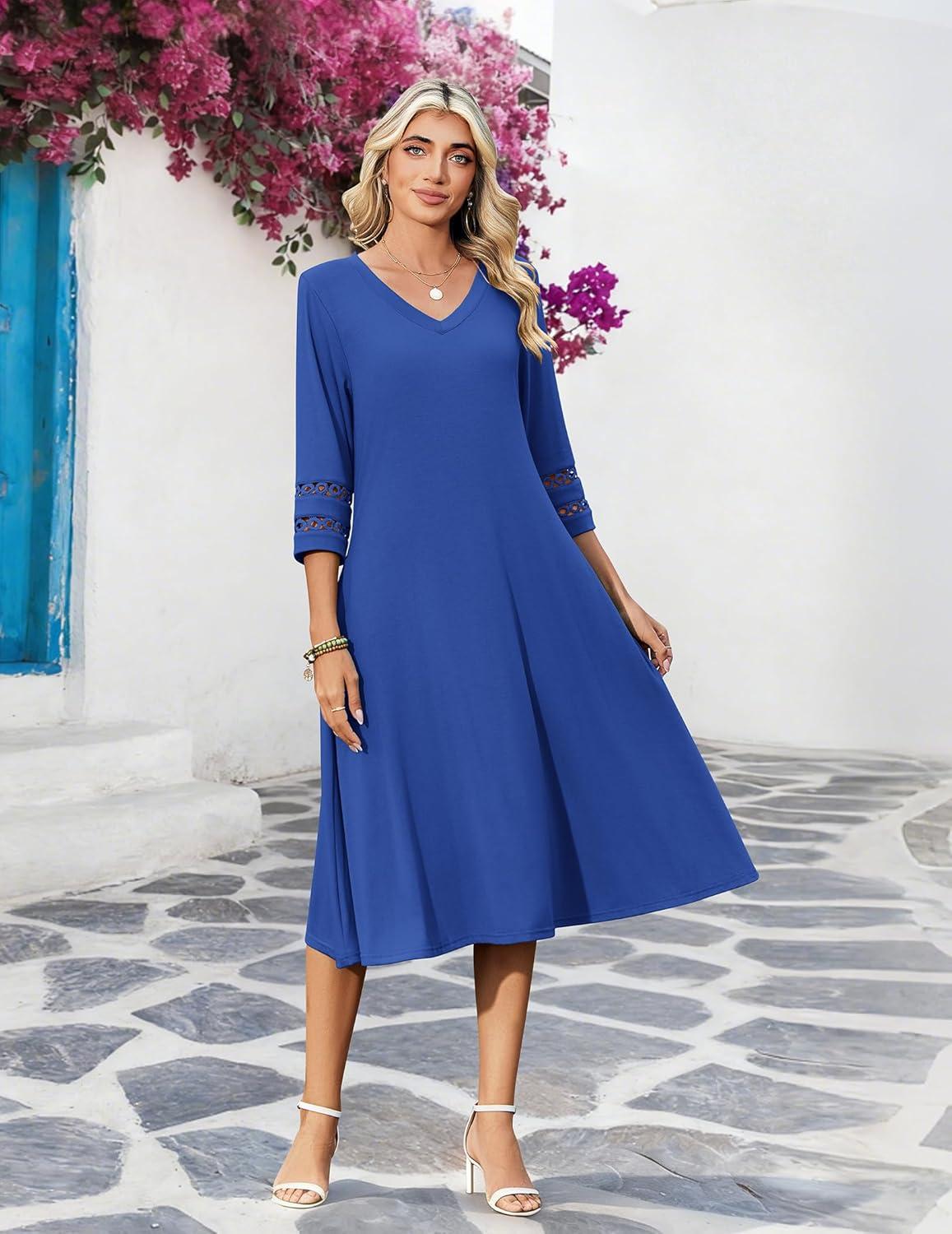 imageZeagoo Womens Dresses 34 Sleeve Summer Casual VNeck A Line Flowy Eyelet Midi Dress for Women Beach Vacation SundressBlue2