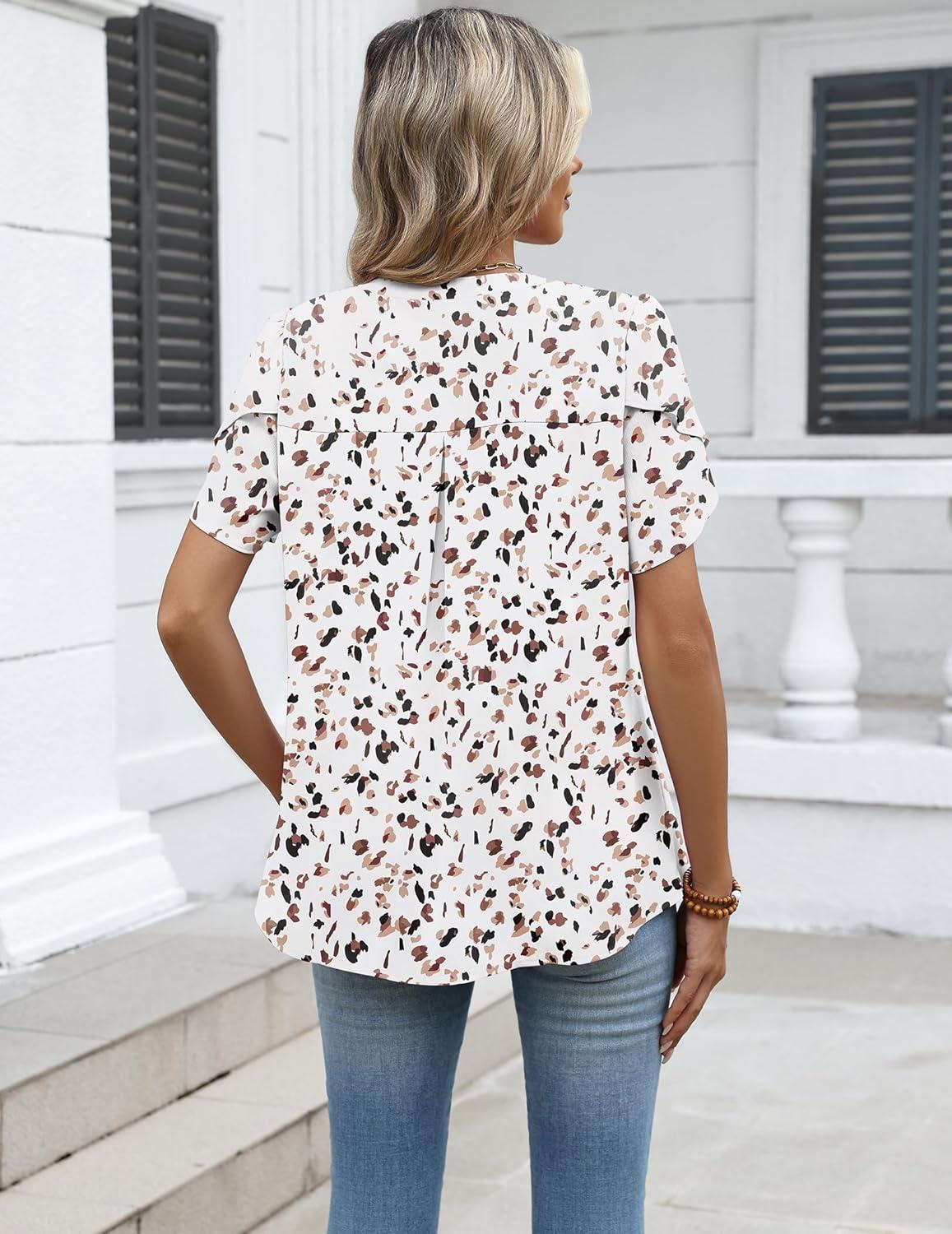 imageZeagoo Womens Dressy Casual Shirts Short Sleeve V Neck Work Blouse Business Casual Summer Chiffon TopsBeige Print
