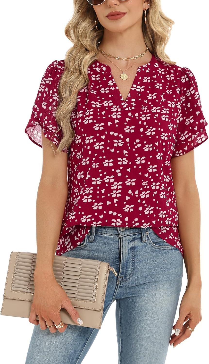 imageZeagoo Womens Dressy Casual Shirts Short Sleeve V Neck Work Blouse Business Casual Summer Chiffon TopsBerryflake