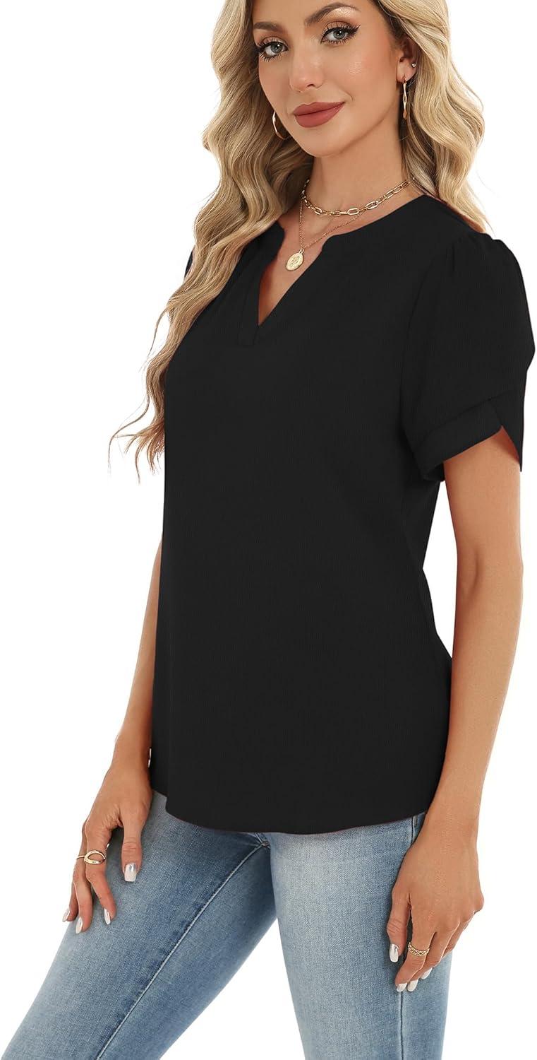 imageZeagoo Womens Dressy Casual Shirts Short Sleeve V Neck Work Blouse Business Casual Summer Chiffon TopsBlack