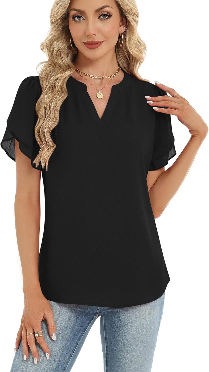 imageZeagoo Womens Dressy Casual Shirts Short Sleeve V Neck Work Blouse Business Casual Summer Chiffon TopsBlack