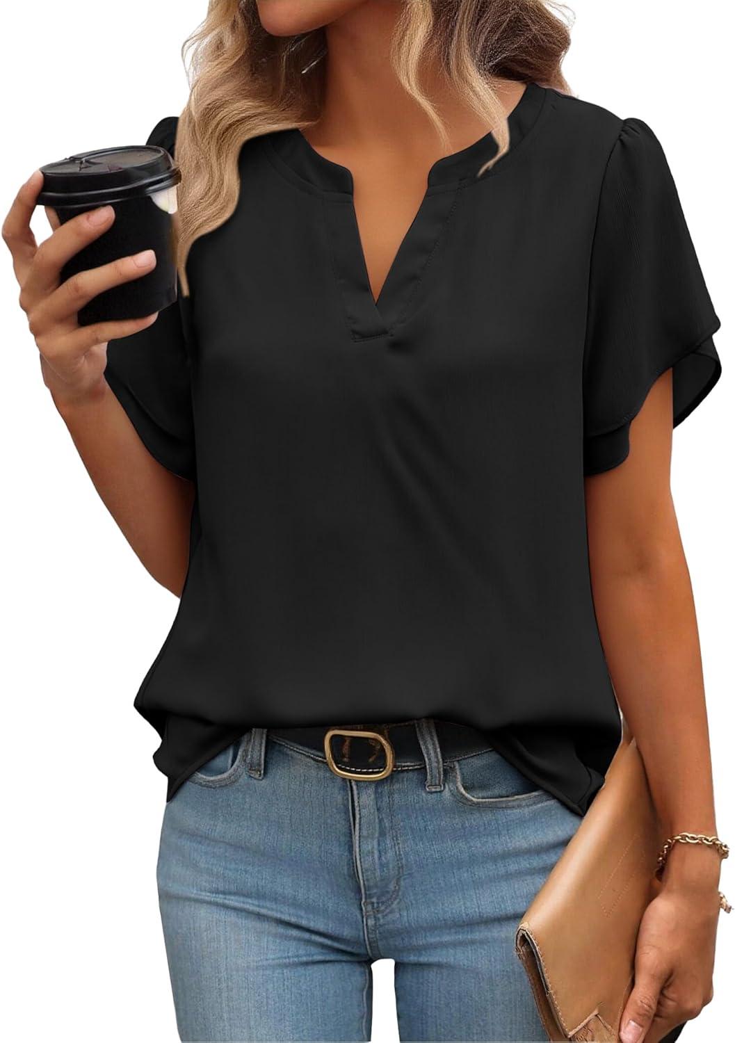 imageZeagoo Womens Dressy Casual Shirts Short Sleeve V Neck Work Blouse Business Casual Summer Chiffon TopsBlack