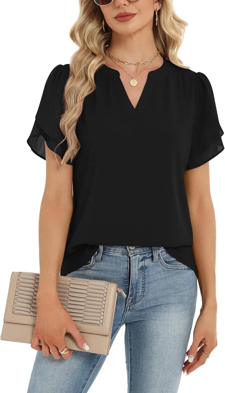 imageZeagoo Womens Dressy Casual Shirts Short Sleeve V Neck Work Blouse Business Casual Summer Chiffon TopsBlack