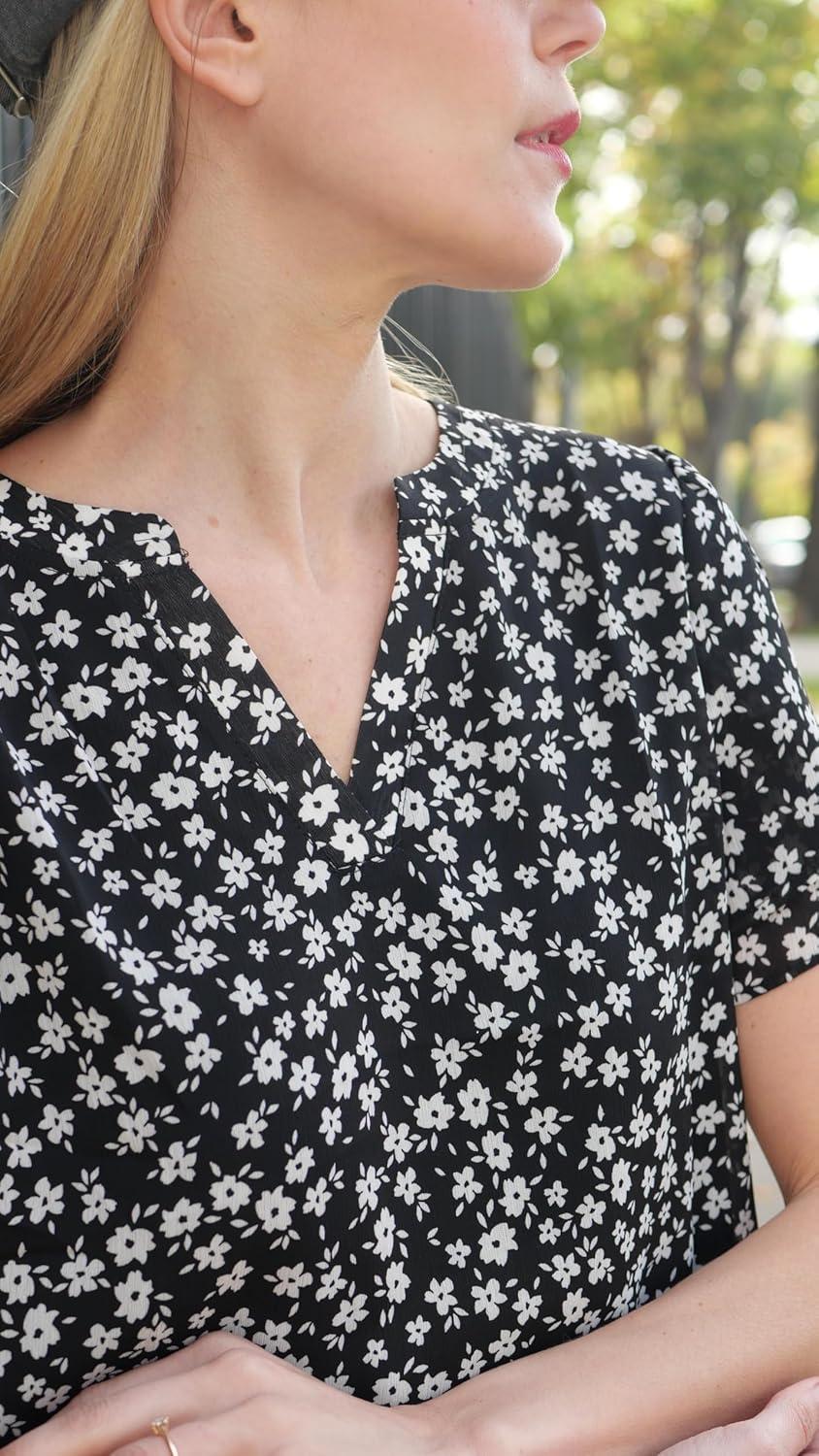 imageZeagoo Womens Dressy Casual Shirts Short Sleeve V Neck Work Blouse Business Casual Summer Chiffon TopsBlack Floral