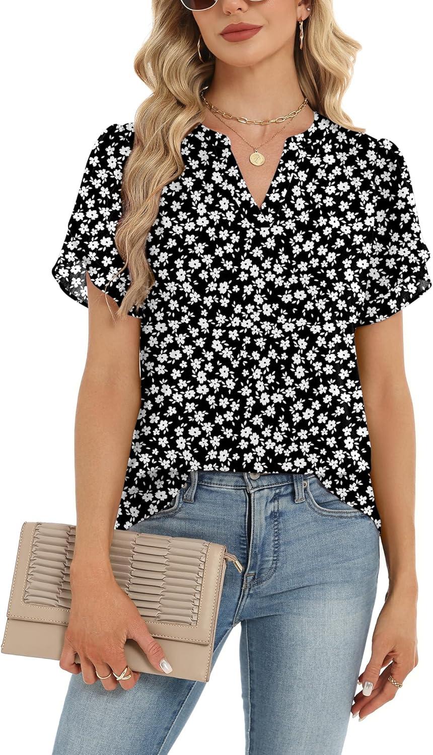 imageZeagoo Womens Dressy Casual Shirts Short Sleeve V Neck Work Blouse Business Casual Summer Chiffon TopsBlack Floral