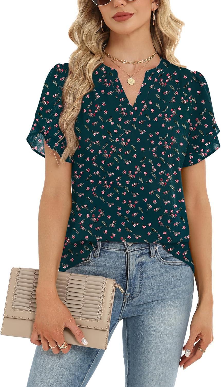 imageZeagoo Womens Dressy Casual Shirts Short Sleeve V Neck Work Blouse Business Casual Summer Chiffon TopsDark Green Floral