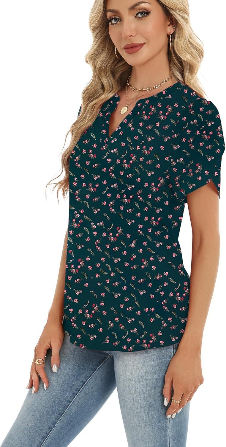 imageZeagoo Womens Dressy Casual Shirts Short Sleeve V Neck Work Blouse Business Casual Summer Chiffon TopsDark Green Floral