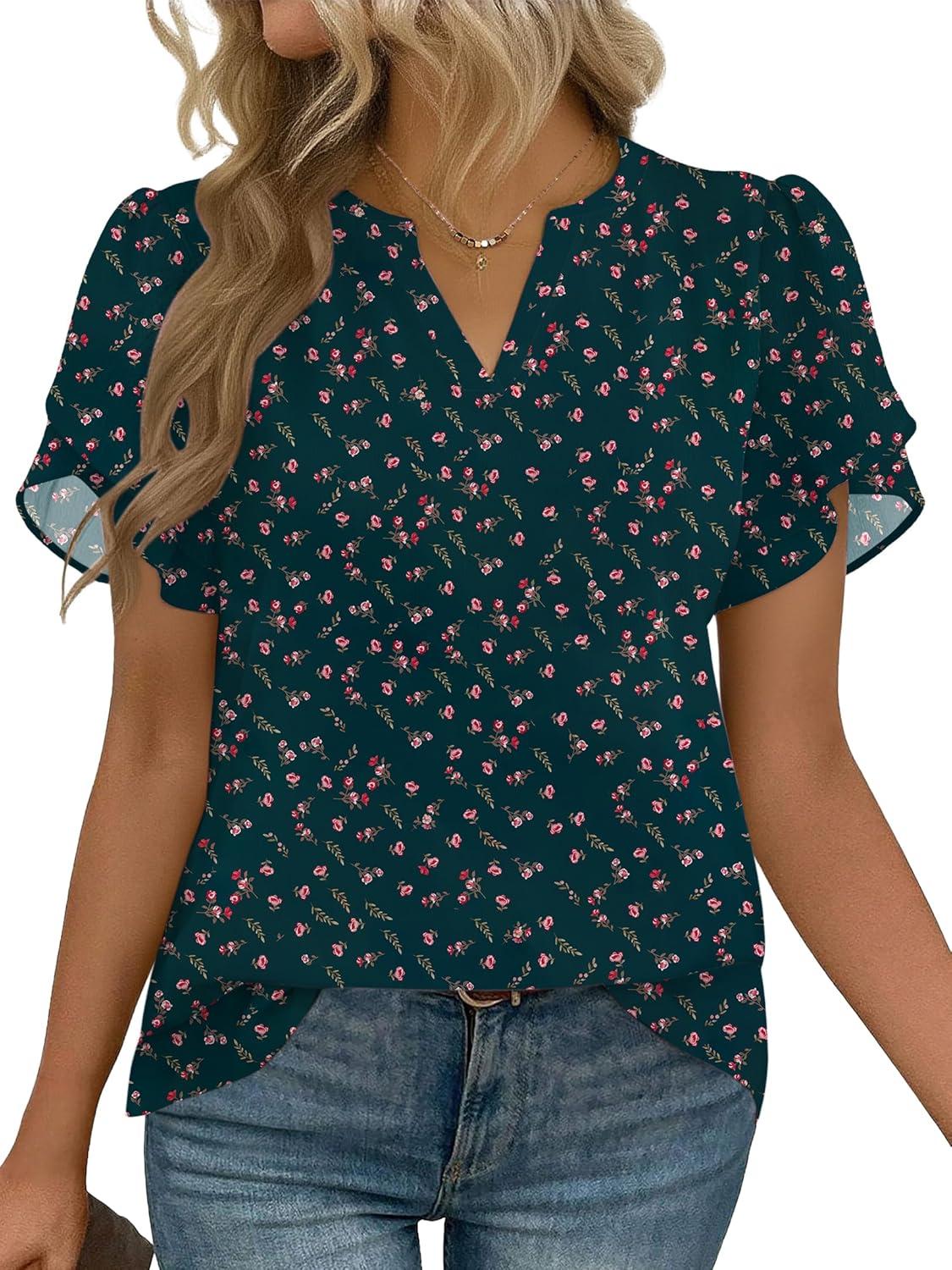 imageZeagoo Womens Dressy Casual Shirts Short Sleeve V Neck Work Blouse Business Casual Summer Chiffon TopsDark Green Floral