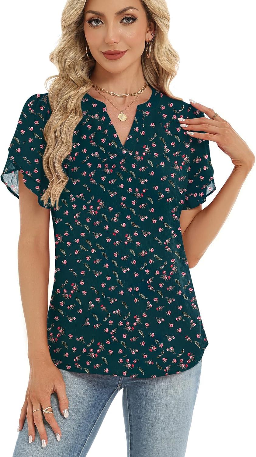 imageZeagoo Womens Dressy Casual Shirts Short Sleeve V Neck Work Blouse Business Casual Summer Chiffon TopsDark Green Floral