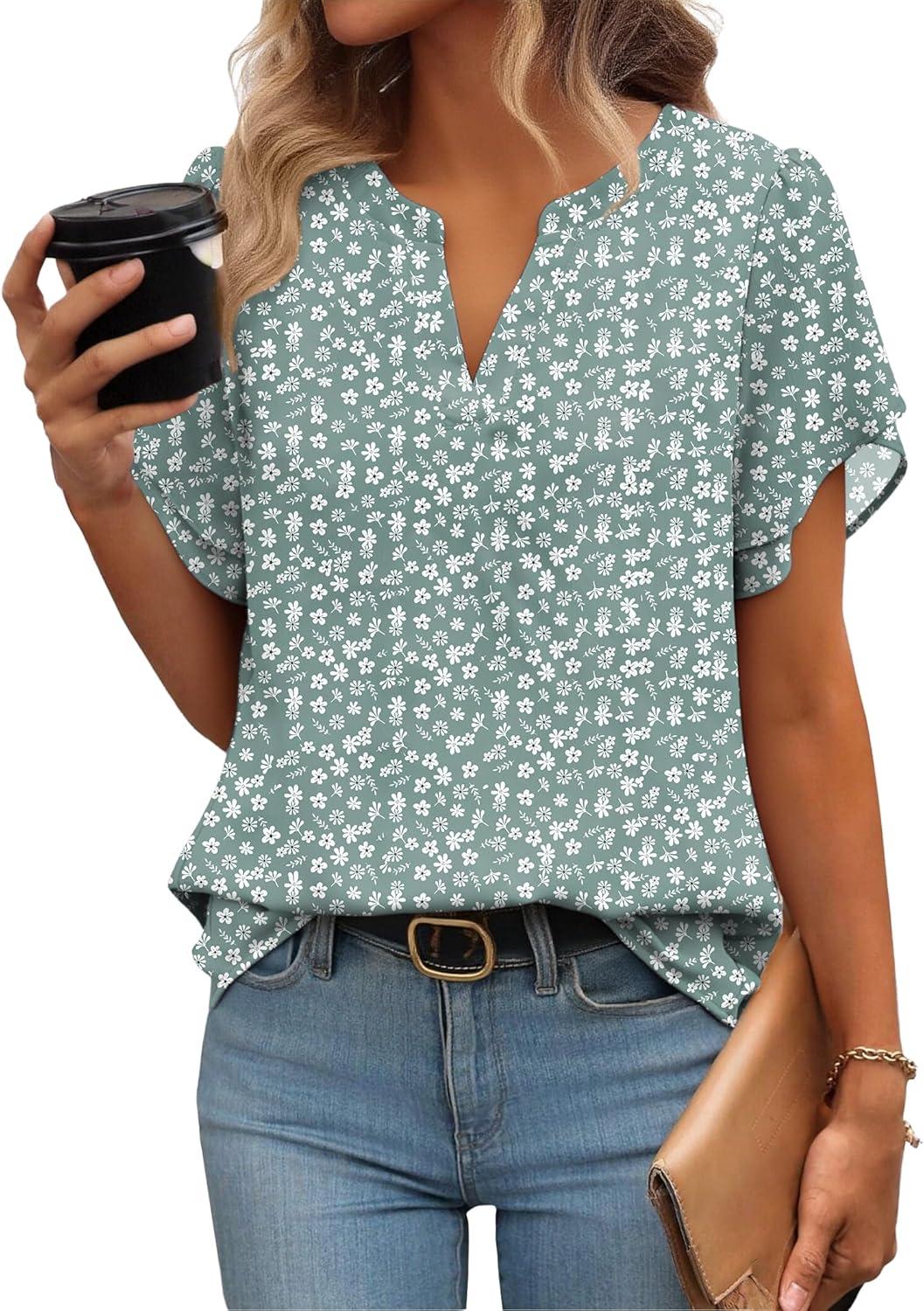 imageZeagoo Womens Dressy Casual Shirts Short Sleeve V Neck Work Blouse Business Casual Summer Chiffon TopsGreen Floral