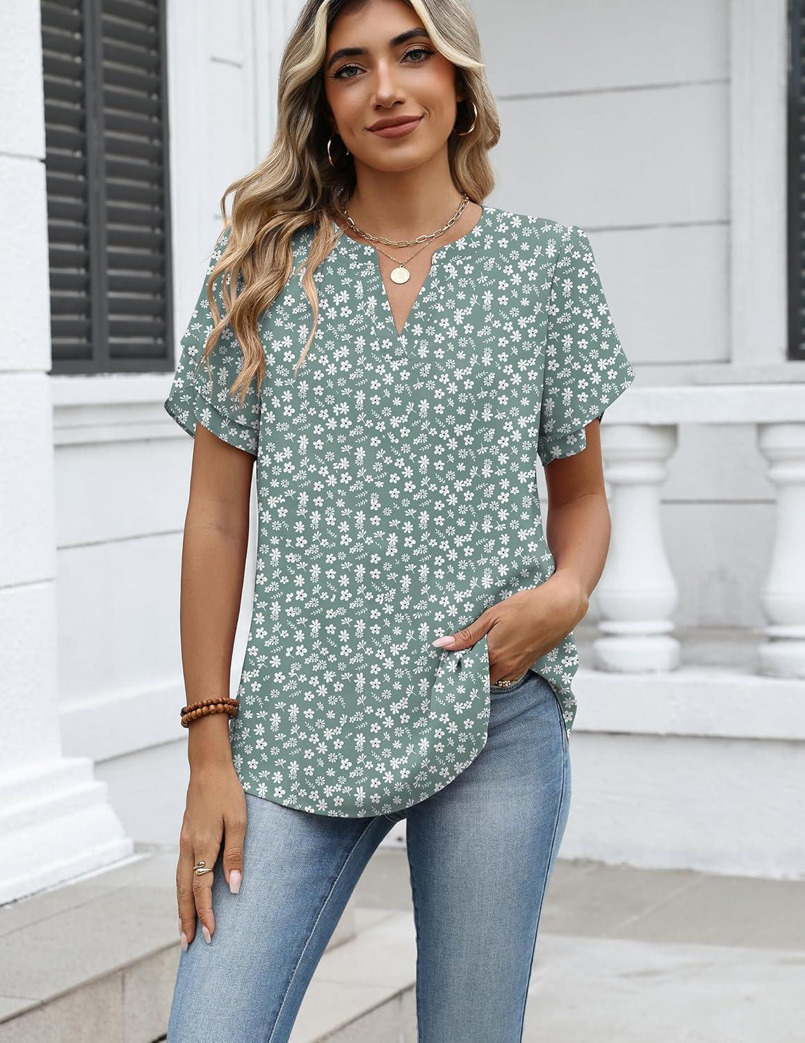 imageZeagoo Womens Dressy Casual Shirts Short Sleeve V Neck Work Blouse Business Casual Summer Chiffon TopsGreen Floral