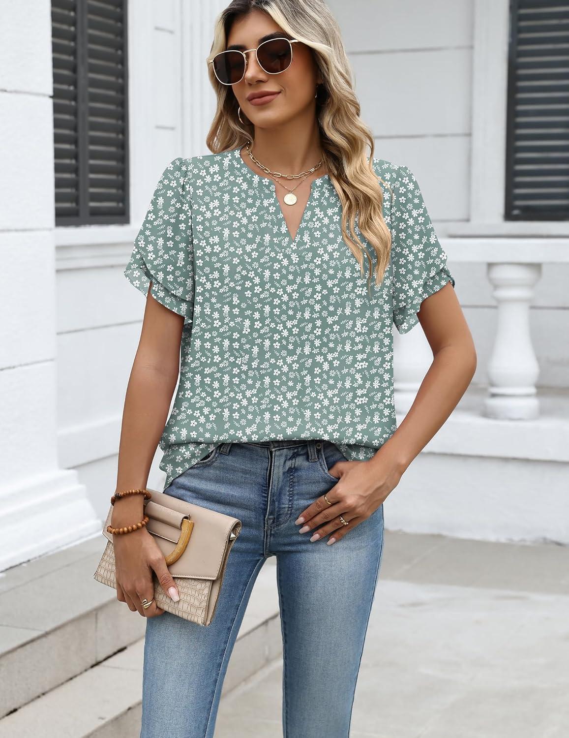 imageZeagoo Womens Dressy Casual Shirts Short Sleeve V Neck Work Blouse Business Casual Summer Chiffon TopsGreen Floral