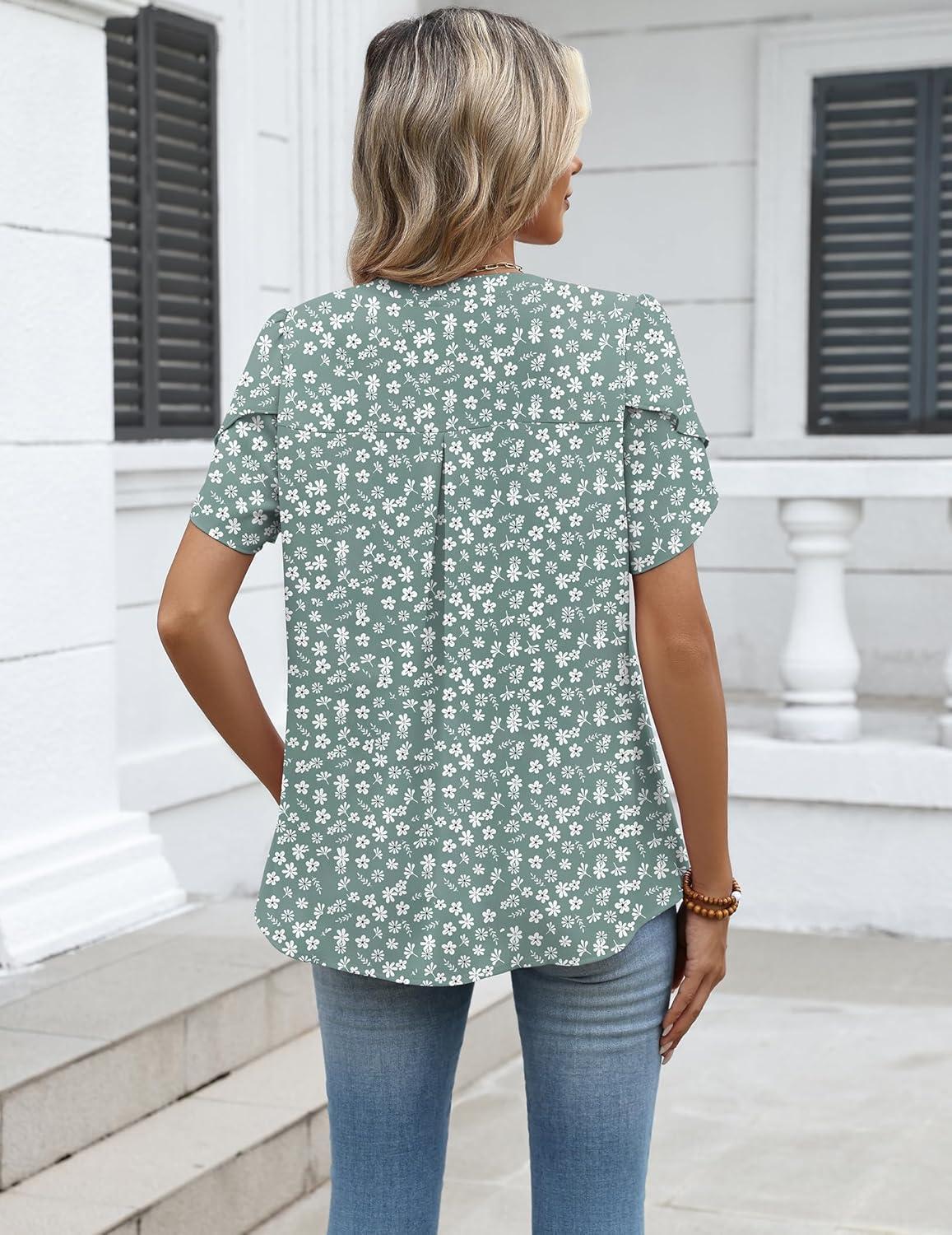imageZeagoo Womens Dressy Casual Shirts Short Sleeve V Neck Work Blouse Business Casual Summer Chiffon TopsGreen Floral