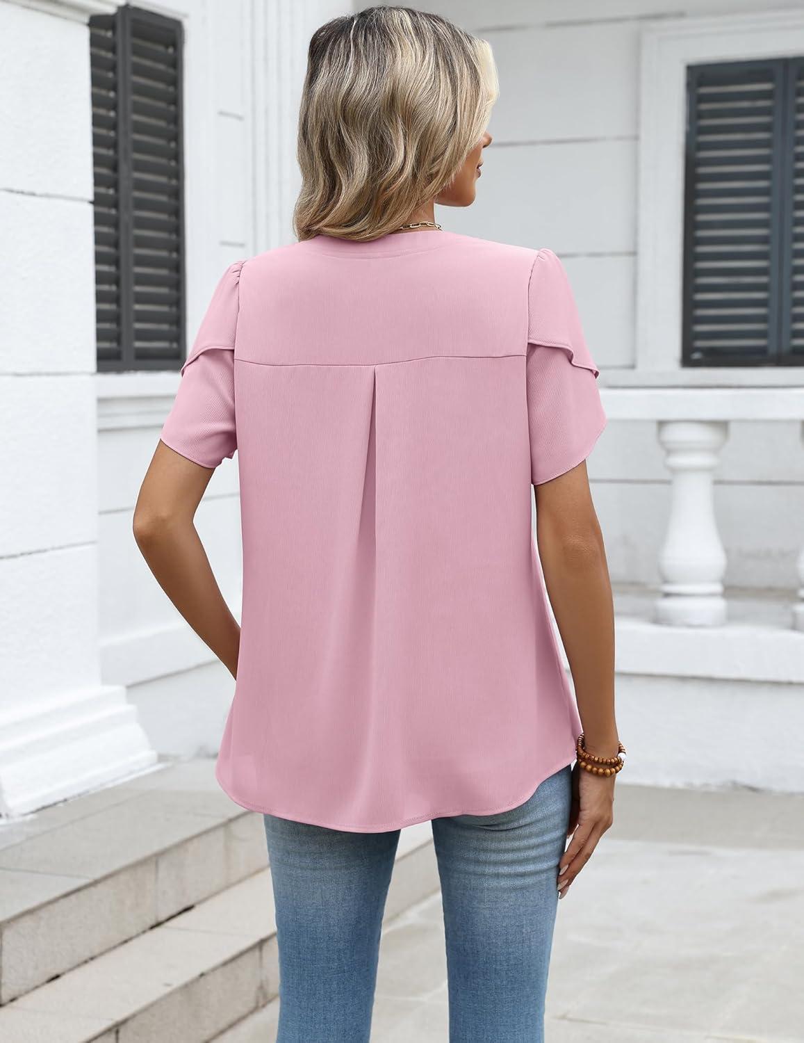 imageZeagoo Womens Dressy Casual Shirts Short Sleeve V Neck Work Blouse Business Casual Summer Chiffon TopsLight Pink