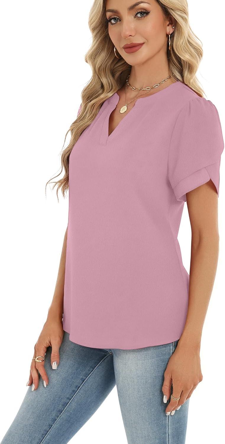 imageZeagoo Womens Dressy Casual Shirts Short Sleeve V Neck Work Blouse Business Casual Summer Chiffon TopsLight Pink
