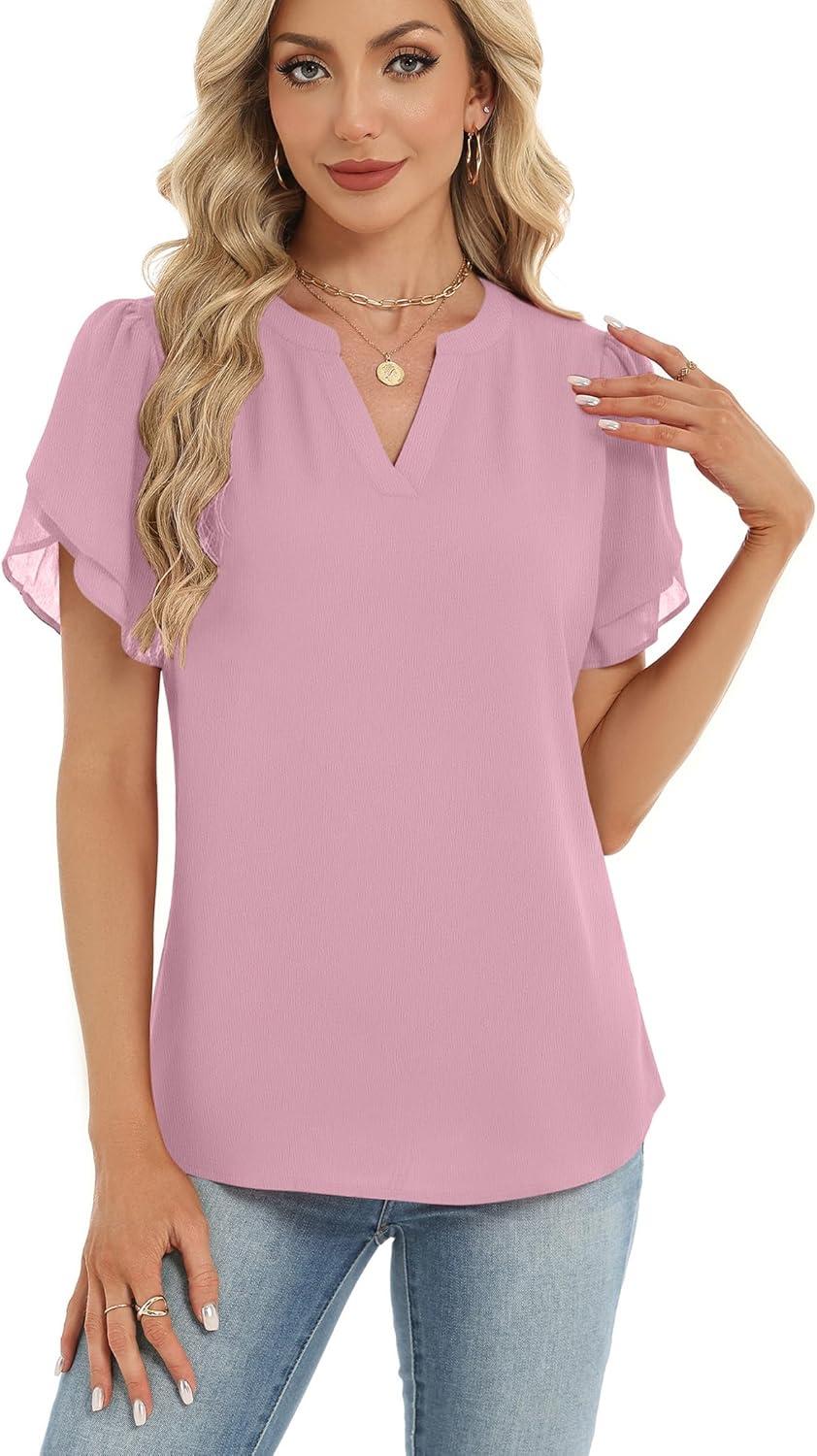 imageZeagoo Womens Dressy Casual Shirts Short Sleeve V Neck Work Blouse Business Casual Summer Chiffon TopsLight Pink