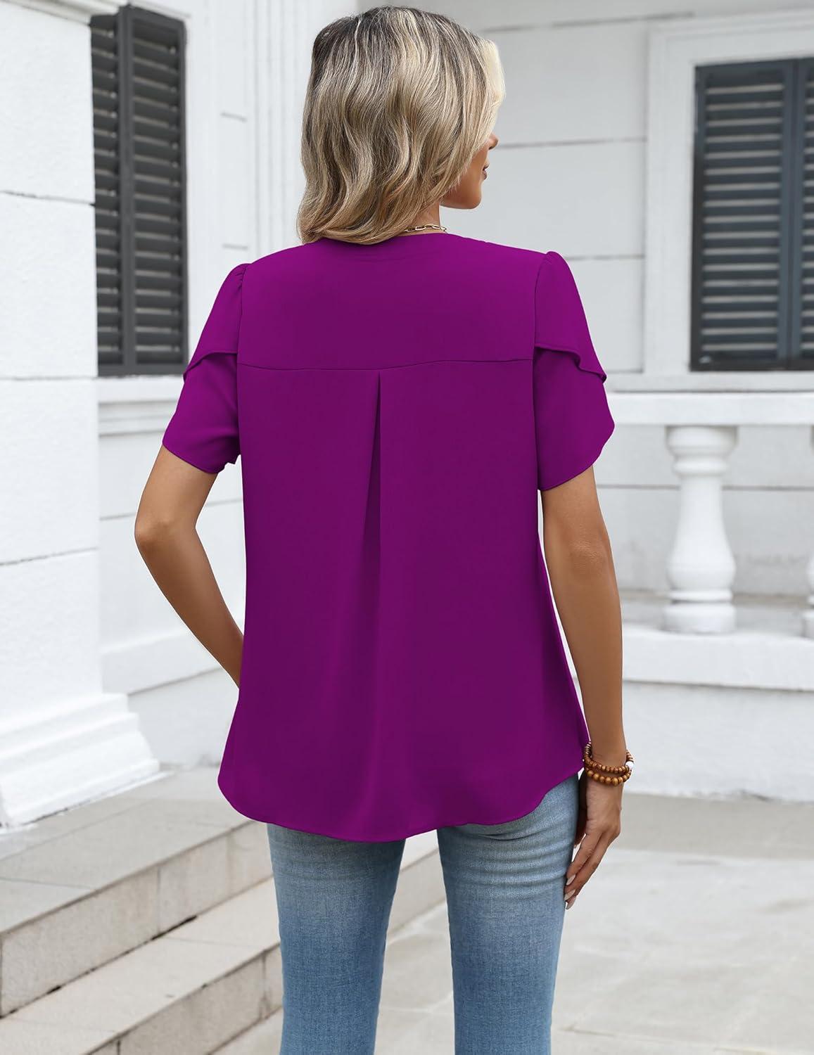 imageZeagoo Womens Dressy Casual Shirts Short Sleeve V Neck Work Blouse Business Casual Summer Chiffon TopsPurple