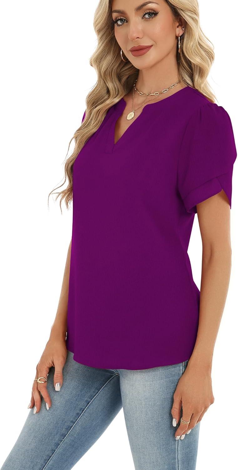 imageZeagoo Womens Dressy Casual Shirts Short Sleeve V Neck Work Blouse Business Casual Summer Chiffon TopsPurple