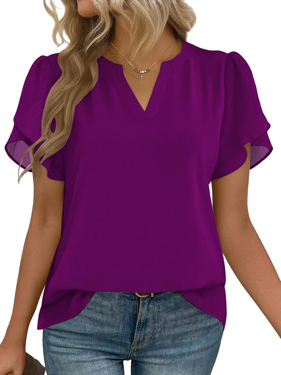 imageZeagoo Womens Dressy Casual Shirts Short Sleeve V Neck Work Blouse Business Casual Summer Chiffon TopsPurple
