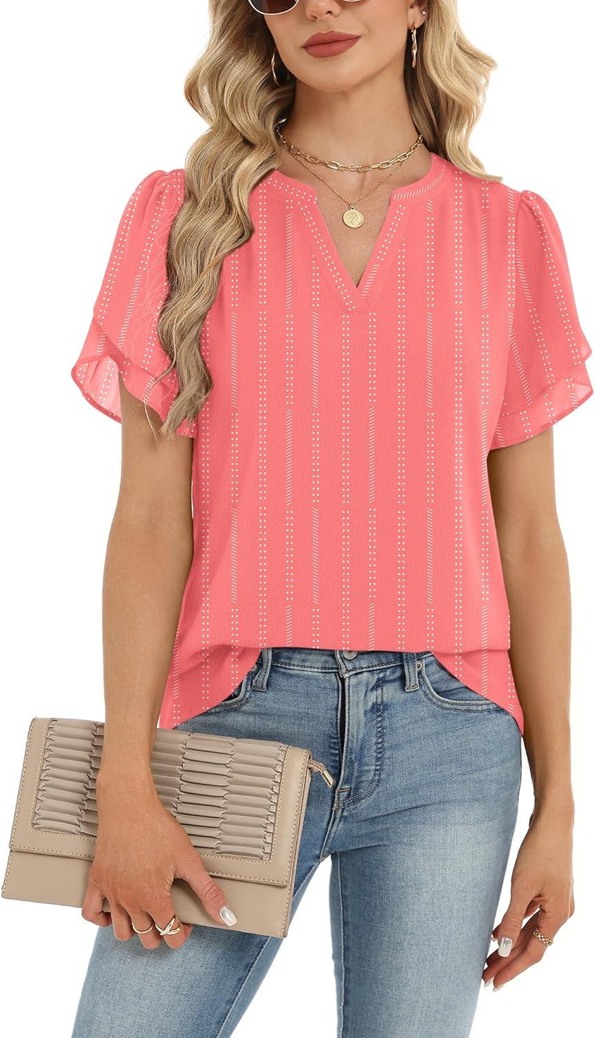 imageZeagoo Womens Dressy Casual Shirts Short Sleeve V Neck Work Blouse Business Casual Summer Chiffon TopsStripe