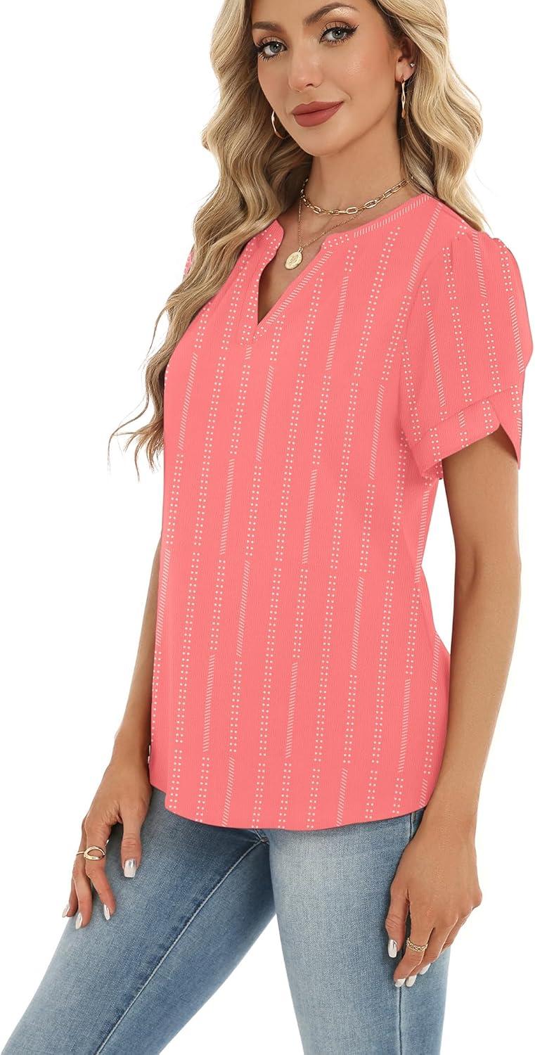 imageZeagoo Womens Dressy Casual Shirts Short Sleeve V Neck Work Blouse Business Casual Summer Chiffon TopsStripe