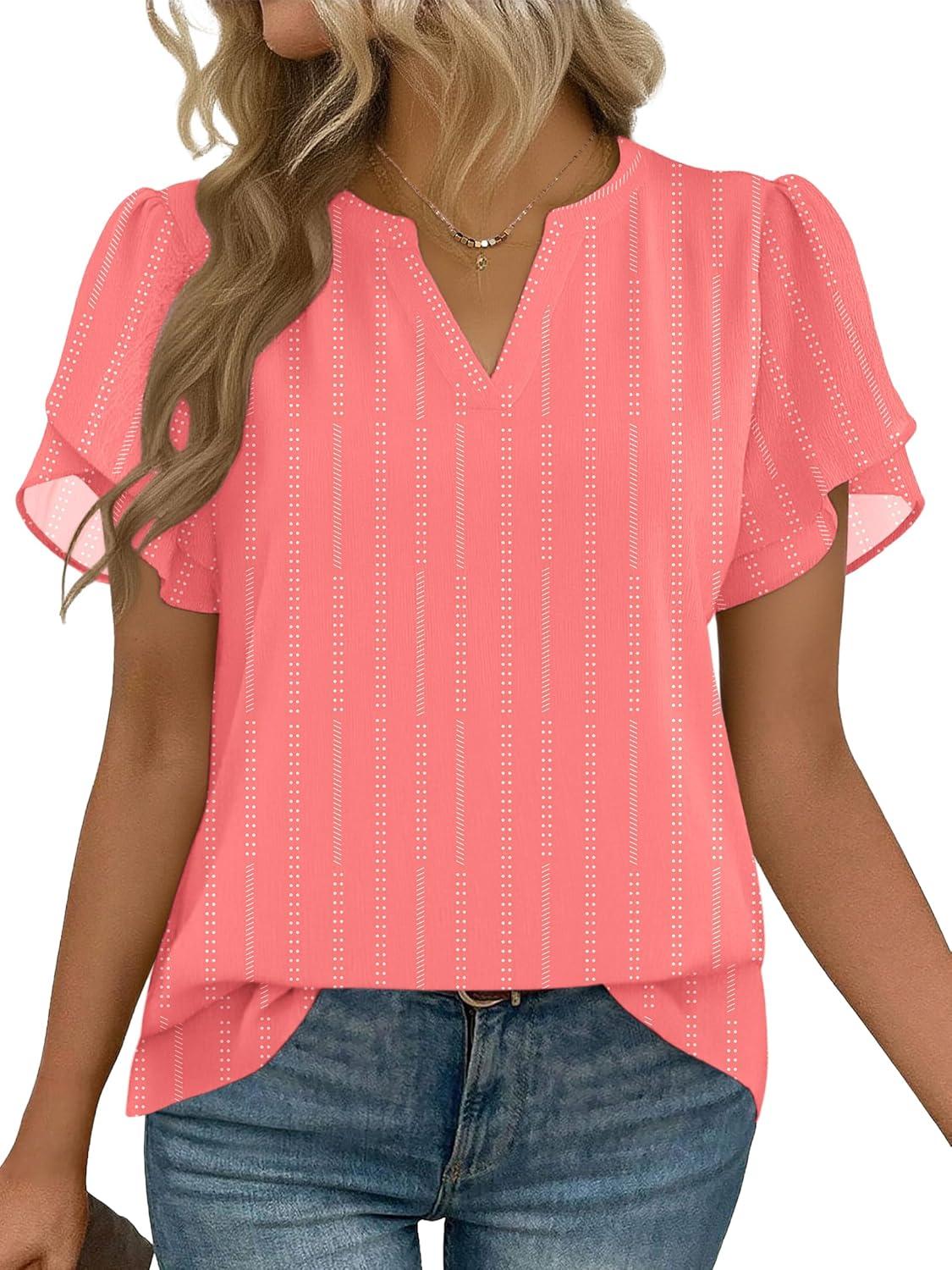 imageZeagoo Womens Dressy Casual Shirts Short Sleeve V Neck Work Blouse Business Casual Summer Chiffon TopsStripe