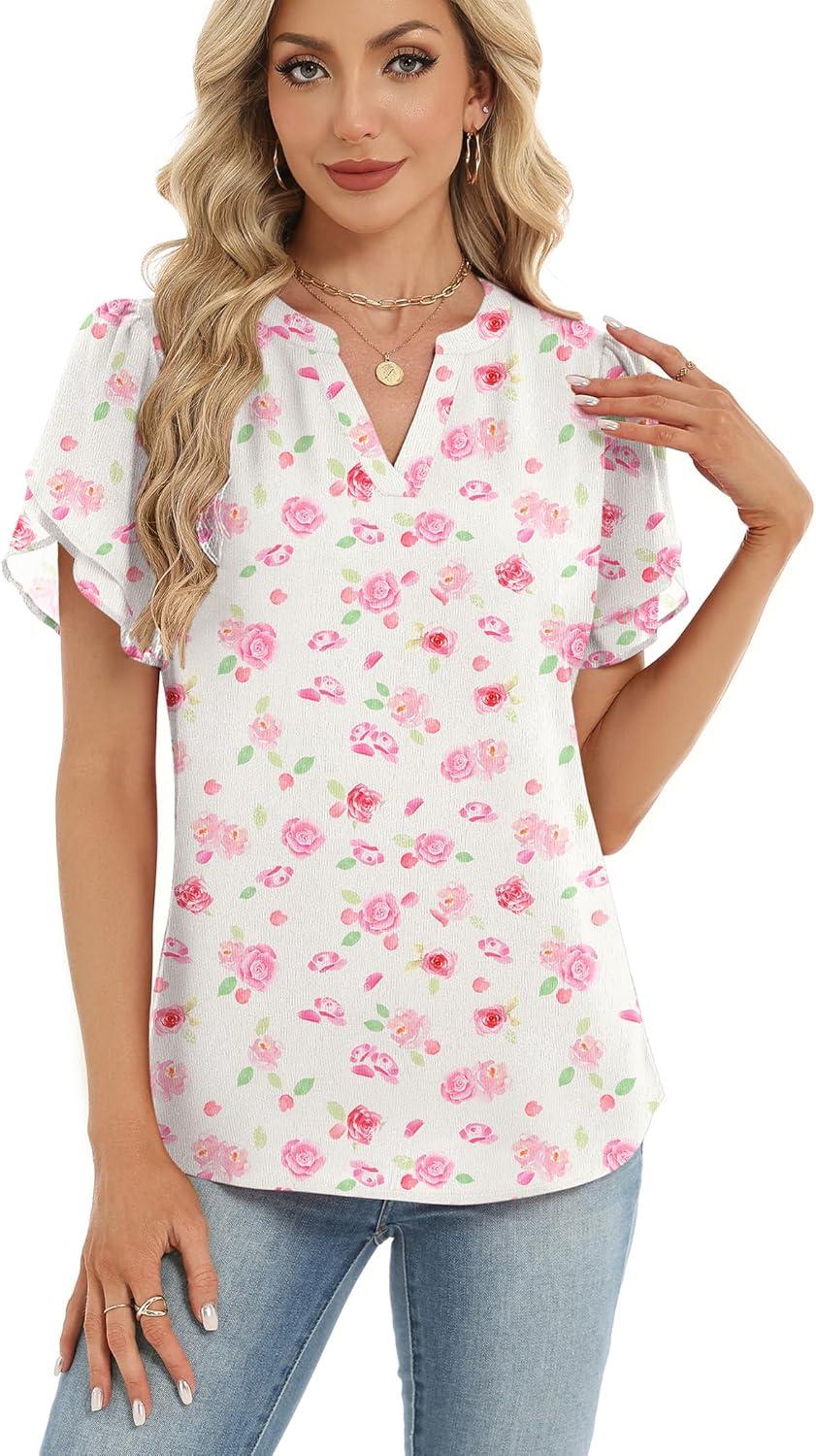 imageZeagoo Womens Dressy Casual Shirts Short Sleeve V Neck Work Blouse Business Casual Summer Chiffon TopsWhite Floral