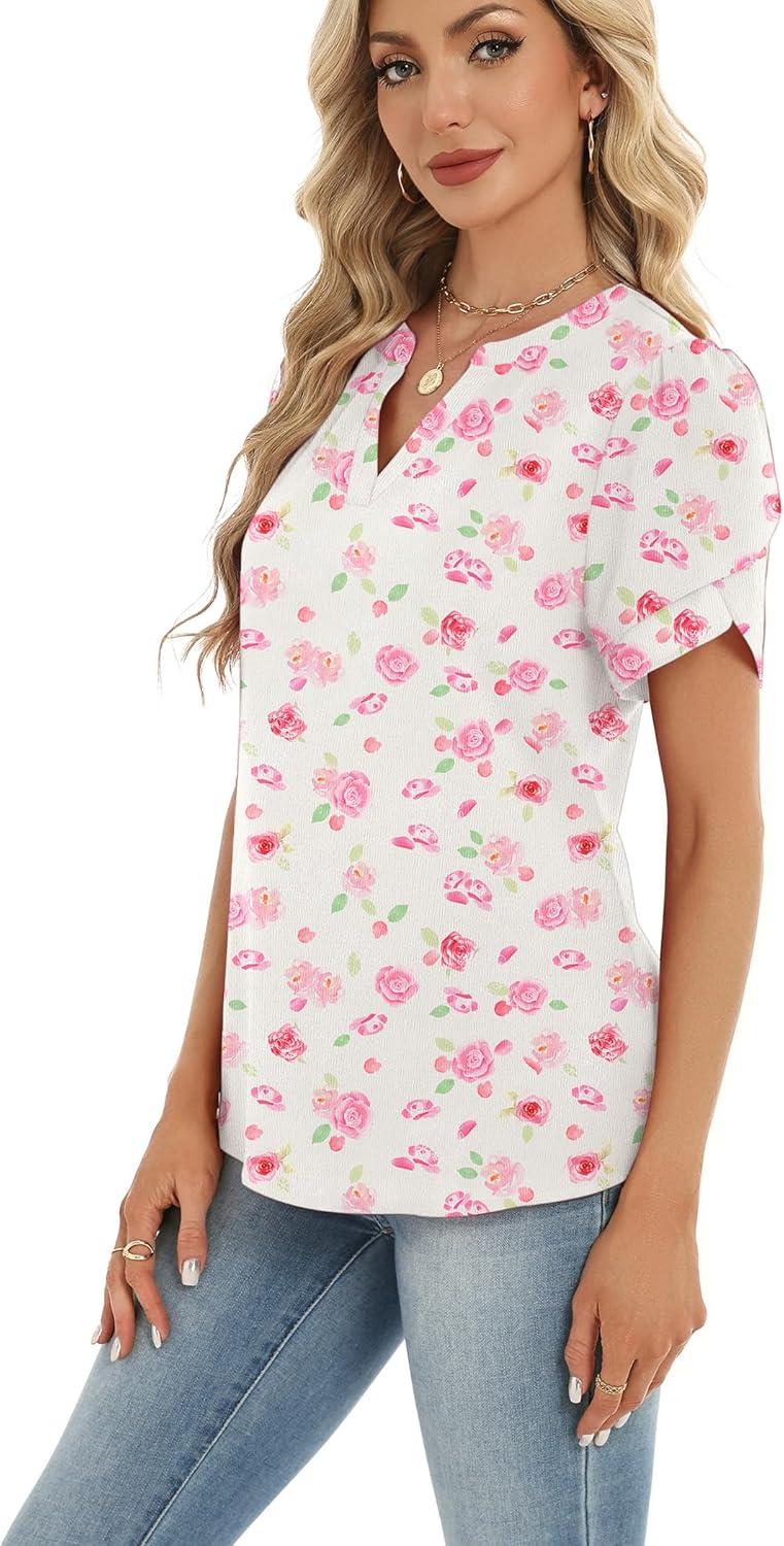 imageZeagoo Womens Dressy Casual Shirts Short Sleeve V Neck Work Blouse Business Casual Summer Chiffon TopsWhite Floral