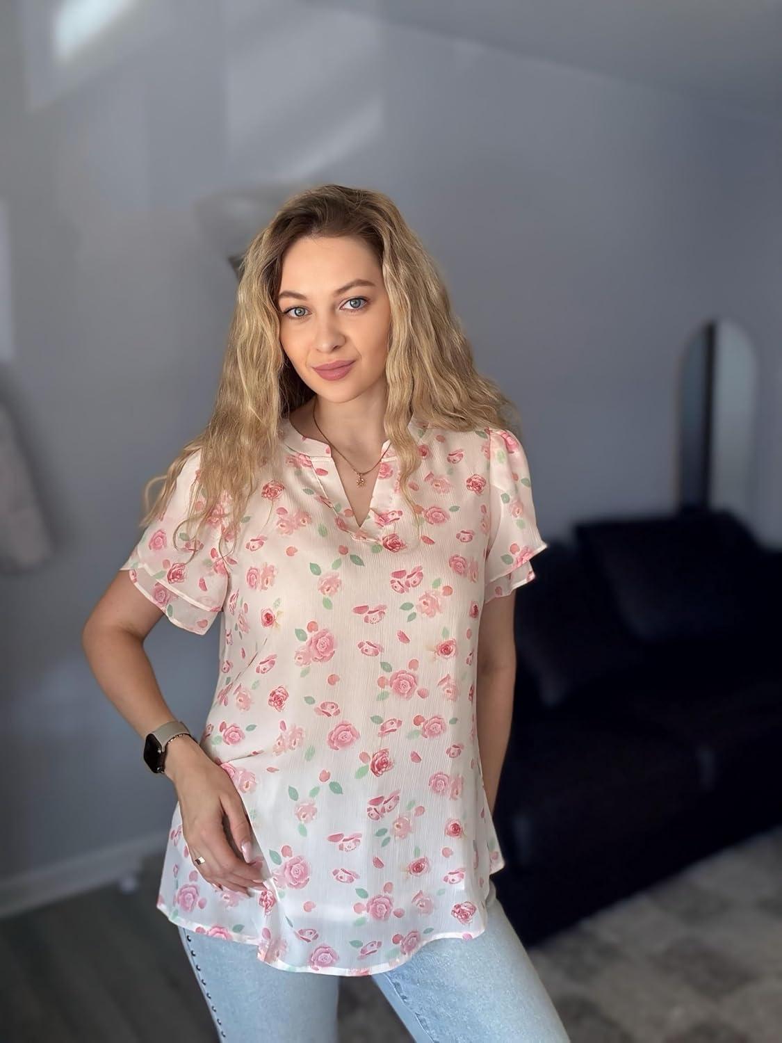 imageZeagoo Womens Dressy Casual Shirts Short Sleeve V Neck Work Blouse Business Casual Summer Chiffon TopsWhite Floral