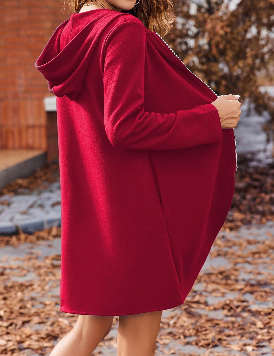 imageZeagoo Womens Fall Jacket 2025 Zip Up Hoodies Long Sleeve Long Tunic Sweatshirts Oversized Fleece Casual Coat with PocketAfleece Fabricred
