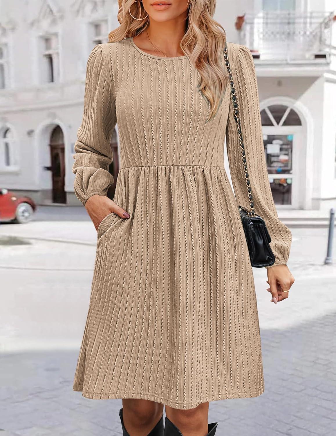 imageZeagoo Womens Fall Sweater Dresses with Pockets Crew Neck Long Sleeve ALine Dresses for Women 2025 Casual Winter DressesBeige