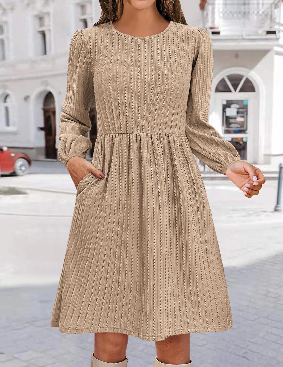 imageZeagoo Womens Fall Sweater Dresses with Pockets Crew Neck Long Sleeve ALine Dresses for Women 2025 Casual Winter DressesBeige