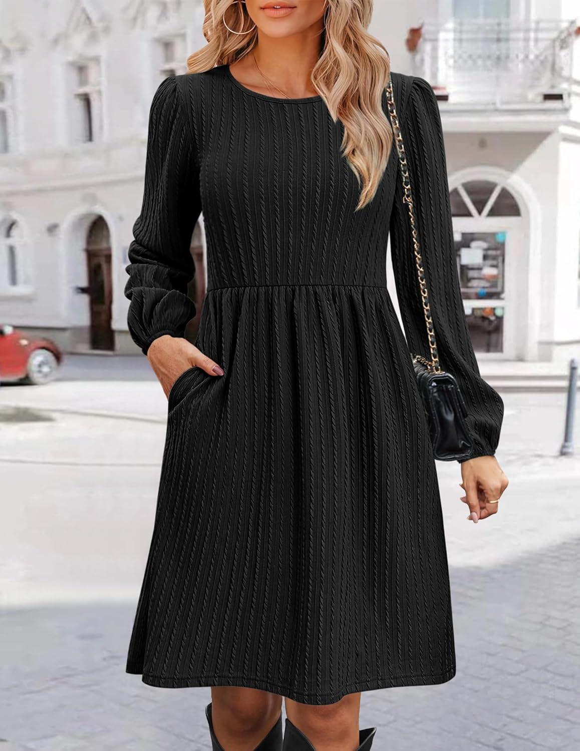 imageZeagoo Womens Fall Sweater Dresses with Pockets Crew Neck Long Sleeve ALine Dresses for Women 2025 Casual Winter DressesBlack