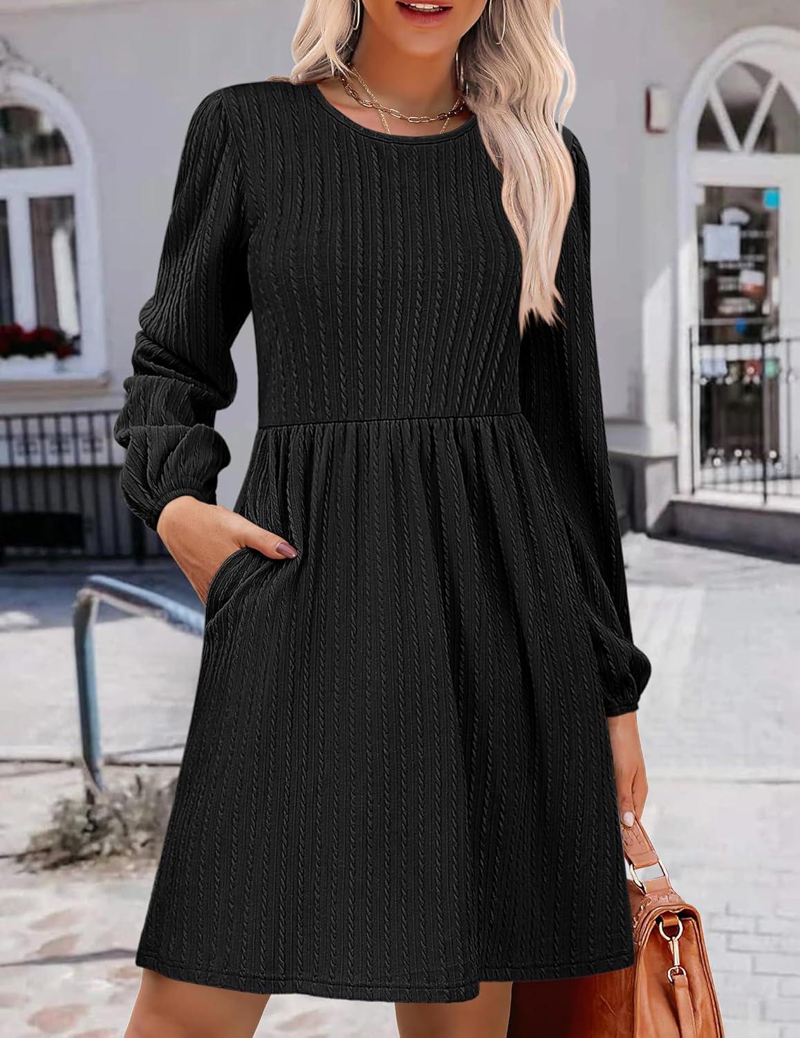 imageZeagoo Womens Fall Sweater Dresses with Pockets Crew Neck Long Sleeve ALine Dresses for Women 2025 Casual Winter DressesBlack