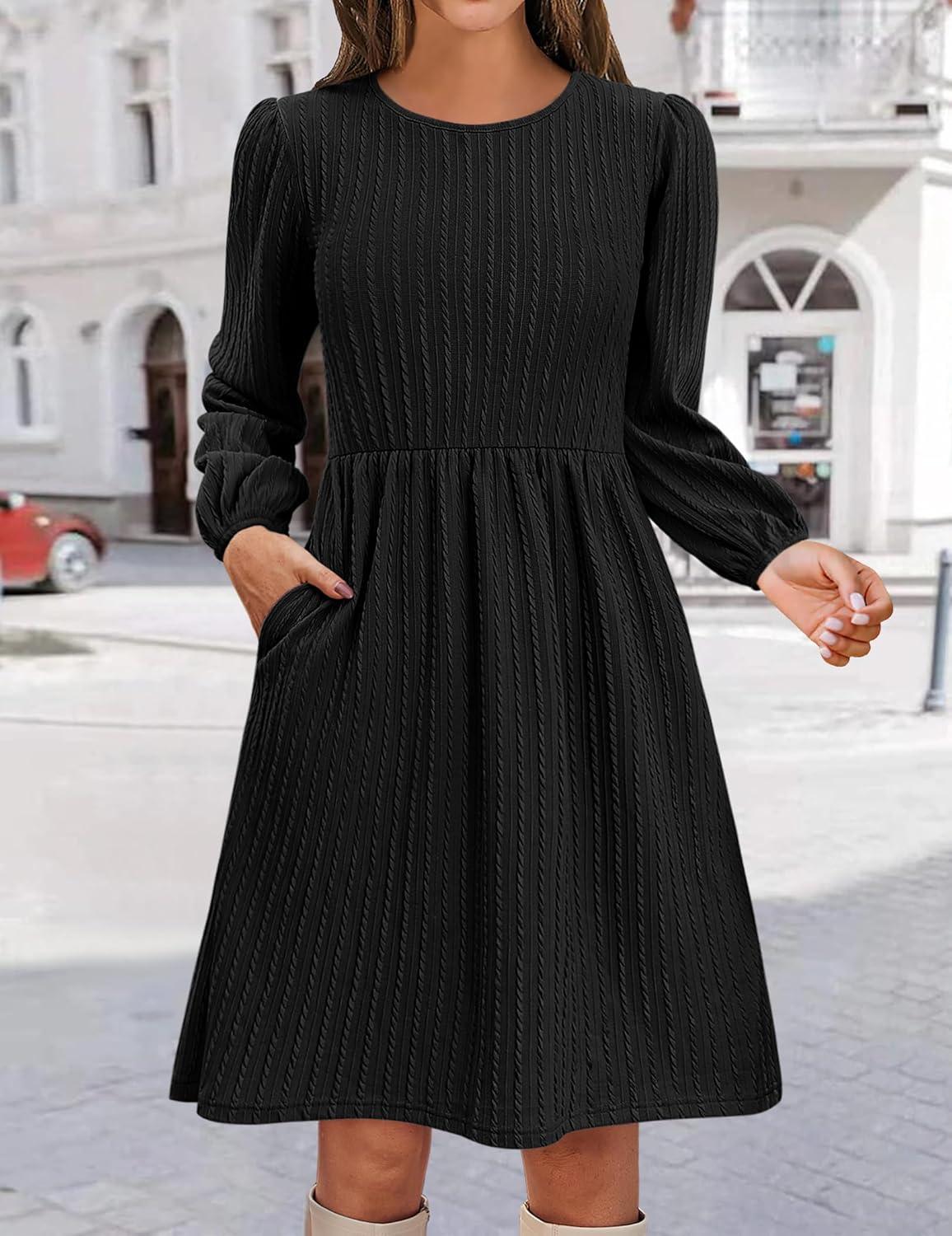 imageZeagoo Womens Fall Sweater Dresses with Pockets Crew Neck Long Sleeve ALine Dresses for Women 2025 Casual Winter DressesBlack