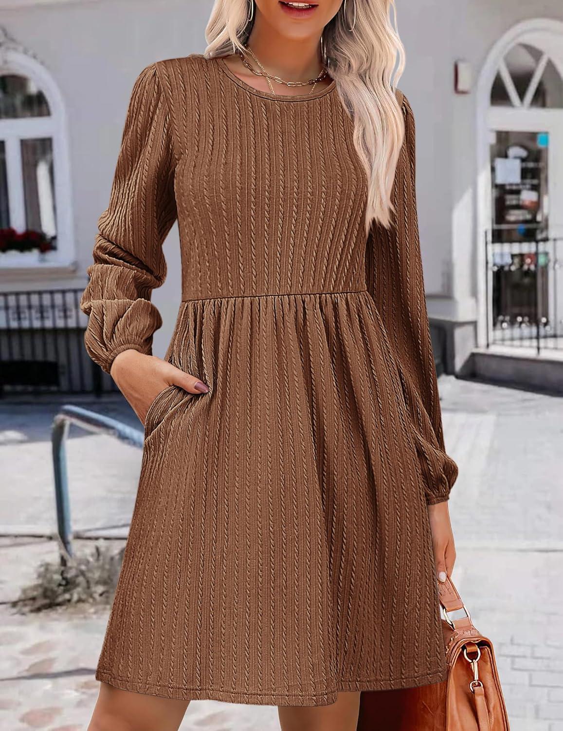 imageZeagoo Womens Fall Sweater Dresses with Pockets Crew Neck Long Sleeve ALine Dresses for Women 2025 Casual Winter DressesBrown
