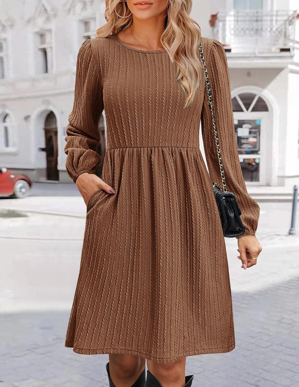 imageZeagoo Womens Fall Sweater Dresses with Pockets Crew Neck Long Sleeve ALine Dresses for Women 2025 Casual Winter DressesBrown