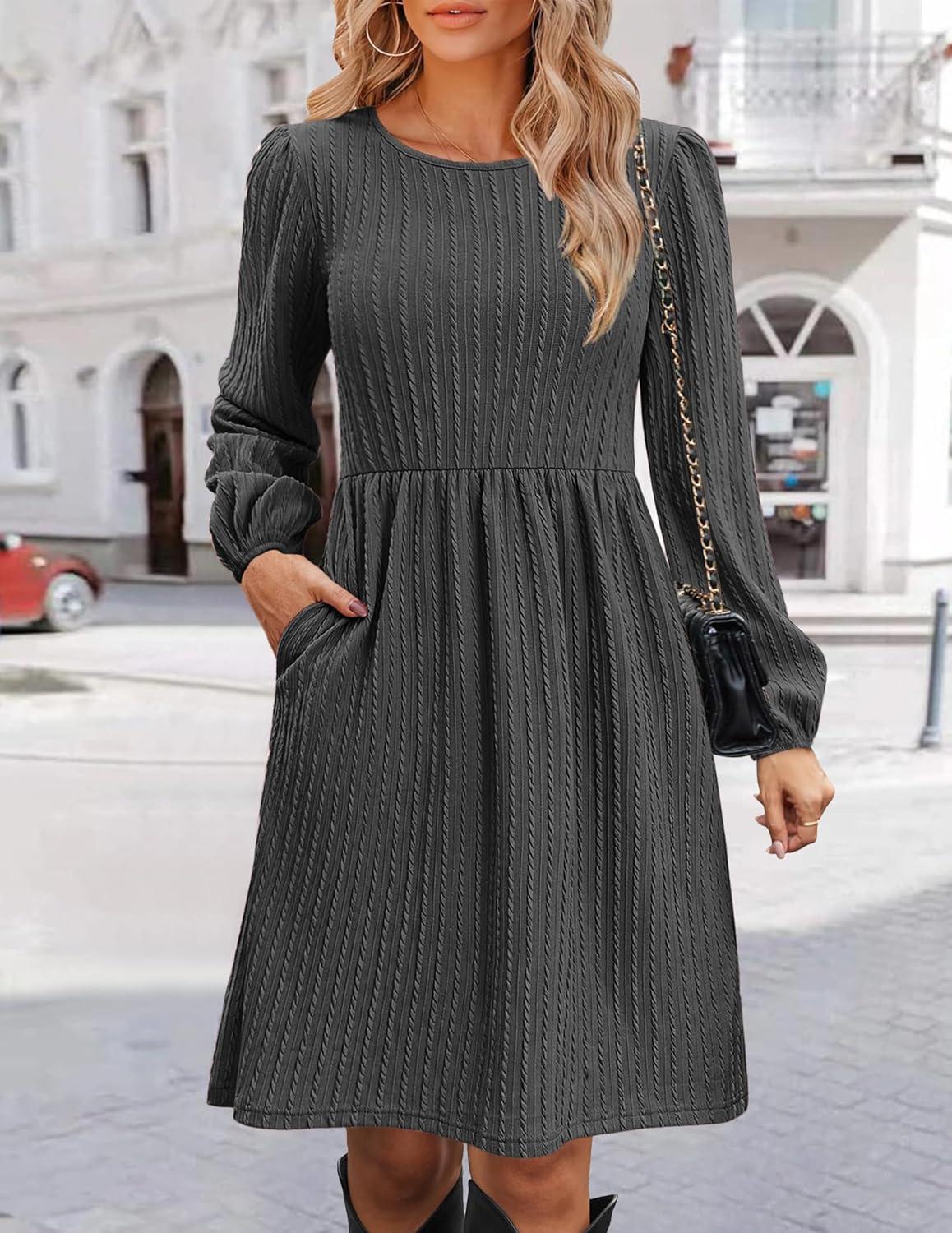 imageZeagoo Womens Fall Sweater Dresses with Pockets Crew Neck Long Sleeve ALine Dresses for Women 2025 Casual Winter DressesDark Grey