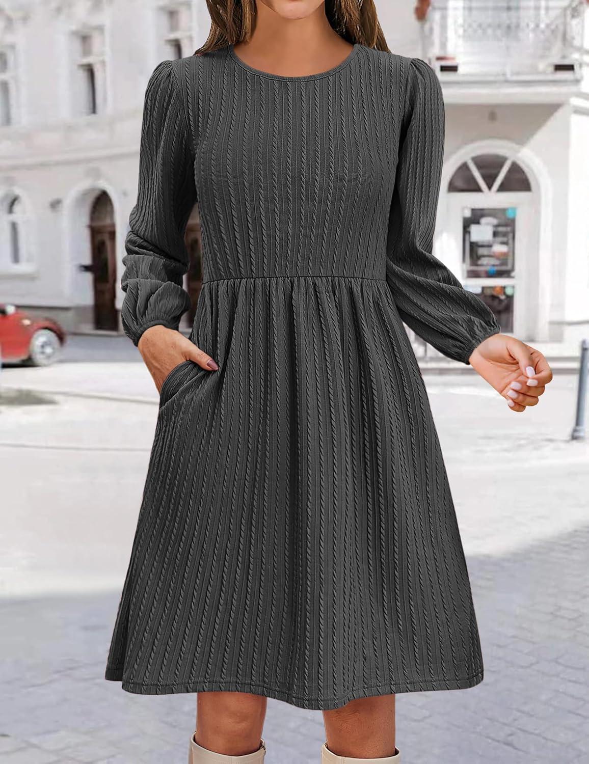 imageZeagoo Womens Fall Sweater Dresses with Pockets Crew Neck Long Sleeve ALine Dresses for Women 2025 Casual Winter DressesDark Grey