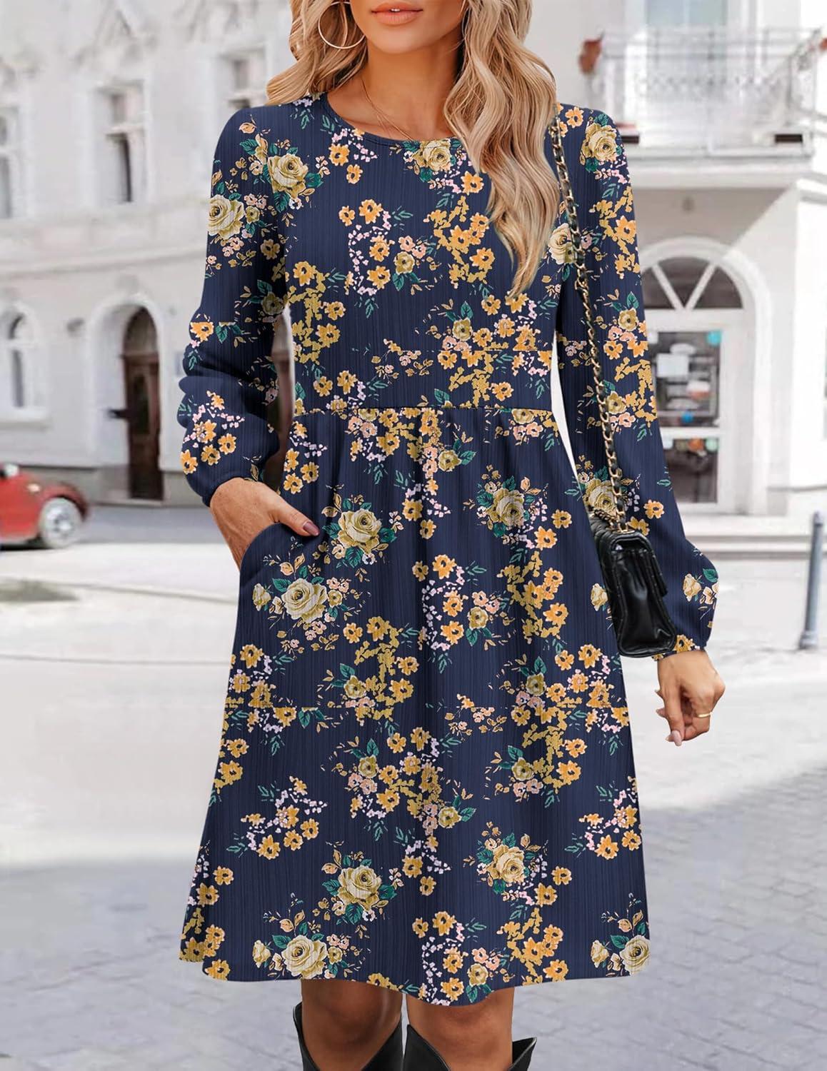 imageZeagoo Womens Fall Sweater Dresses with Pockets Crew Neck Long Sleeve ALine Dresses for Women 2025 Casual Winter DressesFloral Blue