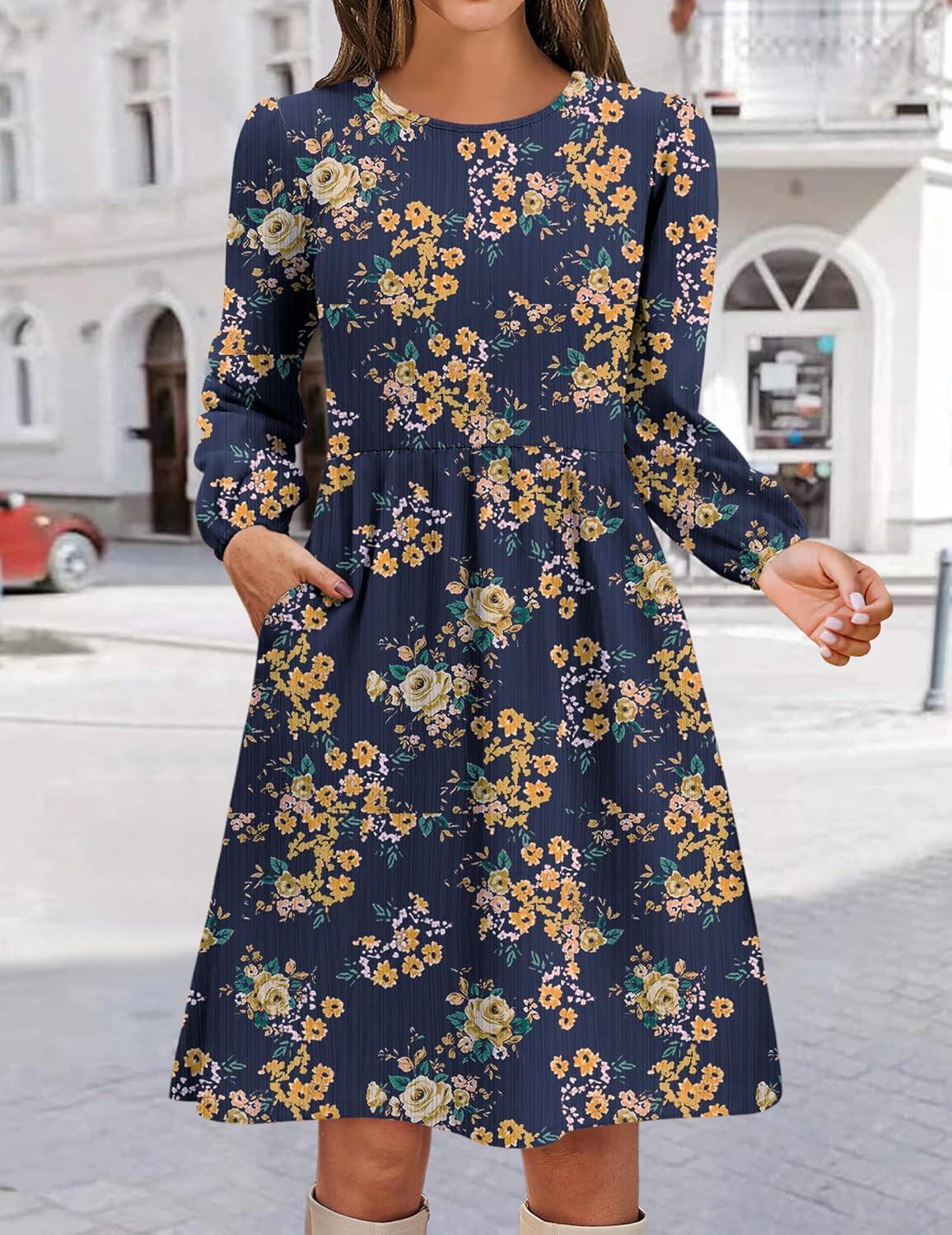 imageZeagoo Womens Fall Sweater Dresses with Pockets Crew Neck Long Sleeve ALine Dresses for Women 2025 Casual Winter DressesFloral Blue