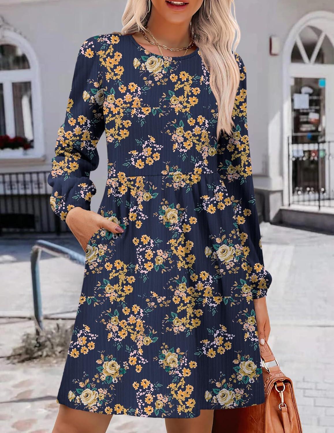 imageZeagoo Womens Fall Sweater Dresses with Pockets Crew Neck Long Sleeve ALine Dresses for Women 2025 Casual Winter DressesFloral Blue