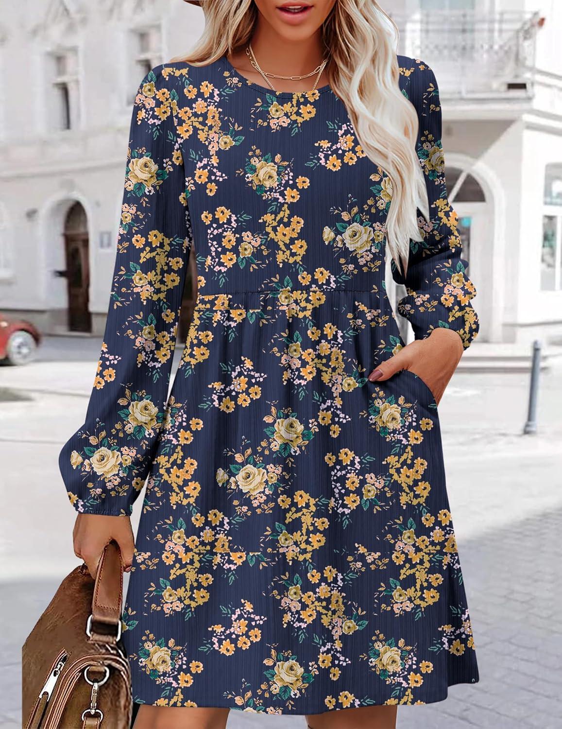 imageZeagoo Womens Fall Sweater Dresses with Pockets Crew Neck Long Sleeve ALine Dresses for Women 2025 Casual Winter DressesFloral Blue