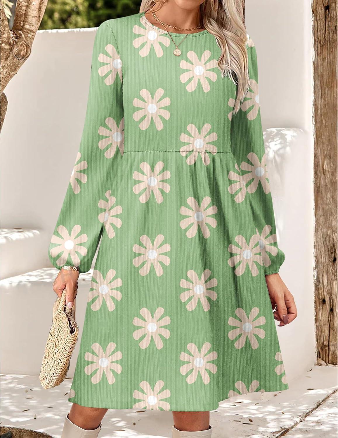 imageZeagoo Womens Fall Sweater Dresses with Pockets Crew Neck Long Sleeve ALine Dresses for Women 2025 Casual Winter DressesFloral Green